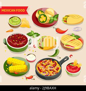 Cuisine mexicaine avec plats mexicains traditionnels vecteur isolé illustration Illustration de Vecteur