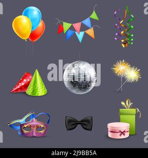 Des icônes de célébration réalistes avec ballons ballon de fête et vacances illustrations vectorielles isolées des boîtes-cadeaux Illustration de Vecteur