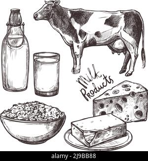 Dessiner l'ensemble de produits laitiers avec un vecteur isolé de vache et de fromage illustration Illustration de Vecteur