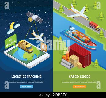 Livraison de bannières verticales isométriques avec moyens logistiques de suivi et différents types d'illustration de vecteur de transport Illustration de Vecteur