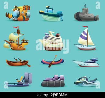 Navires et bateaux icônes réalistes avec bateau à moteur sous-marin et illustration vectorielle isolée yacht sur fond bleu Illustration de Vecteur