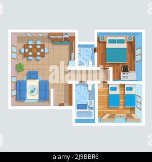 Vue du dessus plan intérieur plat avec salon deux chambres salles de bains et illustration vectorielle de mobilier Illustration de Vecteur