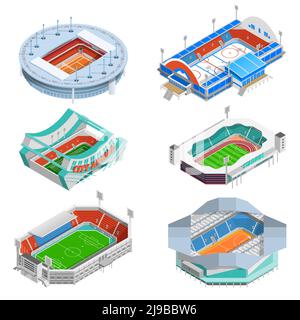 Les icônes isométriques du stade de sport sont présentées dans des stades de football et de hockey illustration vectorielle isolée Illustration de Vecteur