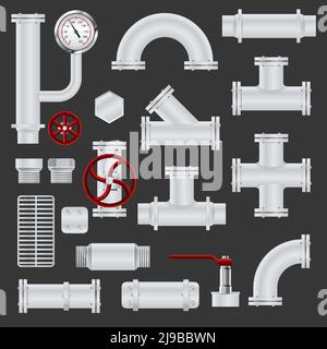 Pipeline réaliste icônes réalistes ensemble avec tubes en acier métallique et illustration de vecteur isolé d'éléments de tuyauterie Illustration de Vecteur