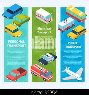 Ensemble vertical de bannières isométriques de transport avec véhicules de tourisme 3d isolés illustration vectorielle Illustration de Vecteur