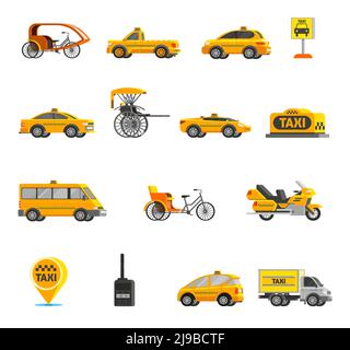 Icônes de taxi ensemble de différents types de véhicules et de voitures dans une illustration vectorielle isolée de style plat Illustration de Vecteur