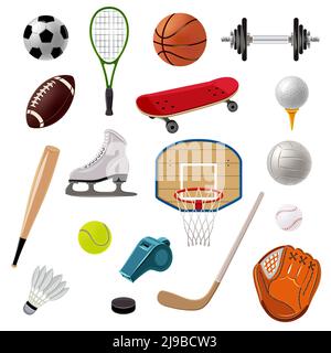 Équipement de sport icônes décoratives ensemble avec balles de jeu raquettes et illustration vectorielle isolée des accessoires Illustration de Vecteur