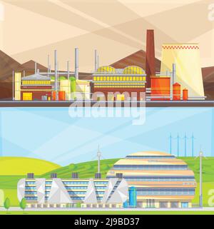 Industrie écologique propre convertissant les déchets en énergie et utilisant le vent illustration vectorielle de bannières isolées plates power 2 Illustration de Vecteur