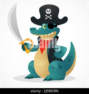 Drôle de dessin animé crocodile pirate mascotte tenant le sabre. Personnage animal plat pour conte de fées et histoire d'enfant. Chapeau de capitaine avec l'école Illustration de Vecteur