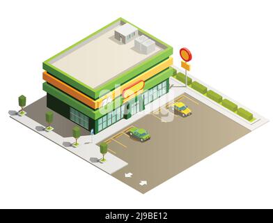 Grand magasin supermarché vert clair bâtiment moderne extérieur isométrique vue avec illustration vectorielle de l'aire de stationnement adjacente Illustration de Vecteur