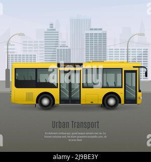 Bus urbain jaune moderne et réaliste avec des bricollages en verre clair arrière-plan gris avec illustration vectorielle de paysage urbain Illustration de Vecteur