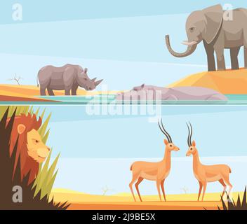 Deux bannières horizontales pour animaux sauvages avec des images plates de animaux de proie et de bête avec illustration vectorielle de paysage tropical Illustration de Vecteur