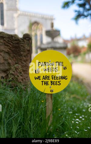 Pardon les mauvaises herbes, nous nourrissons le signe des abeilles placé entre les fleurs sauvages dans une cour d'église Banque D'Images