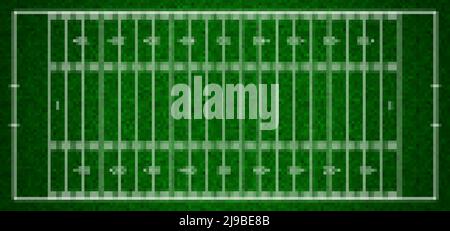Vue du dessus réaliste de l'arrière-plan du terrain de football américain avec motif herbe. Terrain de jeu avec lignes blanches et texture gazon. Stade standard Illustration de Vecteur