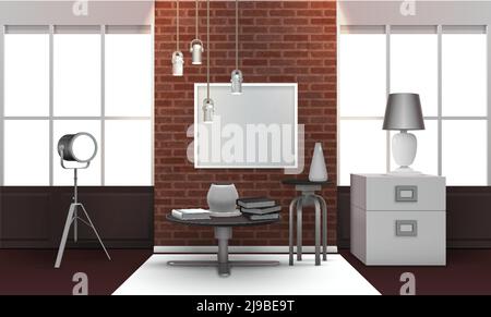 Intérieur loft réaliste avec mur en brique entre de grandes fenêtres, table et chaise en métal, illustration vectorielle 3d de spot Illustration de Vecteur