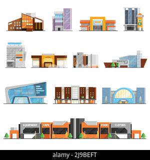 Le centre commercial construit des icônes orthogonales avec café et vêtements symboles illustration vectorielle isolée plate Illustration de Vecteur