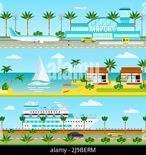 Trois banderoles avec compositions plates d'images de vacances de croisière avec des palmiers tropicaux aéroport océan aller navire illustration vecteur Illustration de Vecteur