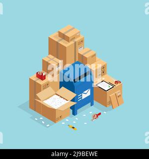 Emballage et envoi de la composition avec images isométriques de la poste illustration vectorielle de l'emballage de la boîte postale et du carton Illustration de Vecteur