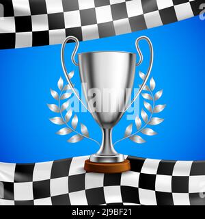 Trophée gagnant de la course d'argent avec branches de couronne de Laurier métallique sur l'illustration du vecteur d'arrière-plan bleu du drapeau à damier Illustration de Vecteur