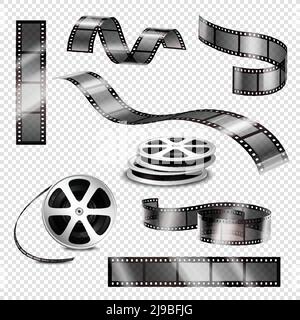 Bandes photographiques et bobines 3d droites et tordues réalistes défini sur une illustration vectorielle isolée en arrière-plan transparent Illustration de Vecteur