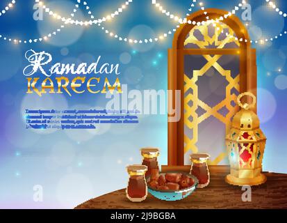 Ramadan kareem mois sacré musulman cuisine traditionnelle et lumière festive arrière-plan décoratif graphique réaliste illustration vectorielle d'affiche Illustration de Vecteur