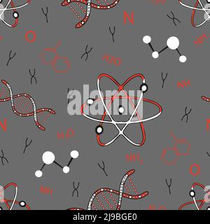 Motif vectoriel transparent avec ADN et atome sur fond gris. Papier peint science simple. Textile de mode avec symbole chimique décoratif. Illustration de Vecteur