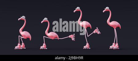 Rose flamant dans diverses poses manèges à roulettes patins sur fond noir. Concept de vacances d'été 3D rendu 3D Illustration Banque D'Images