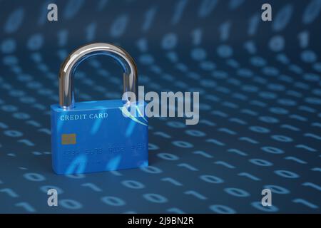 Carte de crédit en forme de cadenas fermé sur fond de code binaire avec espace de copie. Concept de sécurité informatique. 3d illustration. Banque D'Images
