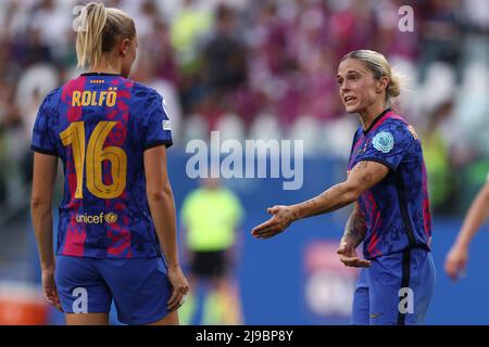 Maria Pilar Leon (FC Barcelone) gestes lors de la finale de la Ligue des champions de l'UEFA, match de football des femmes de la Ligue des champions de l'UEFA à Turin, Italie, mai 21 2022 Banque D'Images