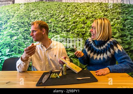 Coup de pied épicé de wasabi réel. Le caractère épicé du wasabi fraîchement râpé culmine après cinq minutes. Au cours de l'auto-expérience, Olli Hall, directeur du marketing et des ventes chez Nordic Wasabi, et Angela Berg, rédactrice en chef de l'alimentation, regardent le fondateur amusant de Nordic Wasabi, Ragnar Atli Tomason (non représenté) Banque D'Images