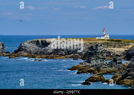 France, Morbihan, Belle-Ile-en-mer, Sauzon, Pointe des Poulains, La maison phare de la Pointe des Poulains Banque D'Images