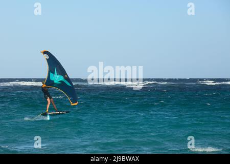 BOCA GRANDI, ARUBA - 17 DÉCEMBRE 2020 : personne avec un cerf-volant sur un panneau de papier d'aluminium Wavechaser à la plage de Boca Grandi à Aruba Banque D'Images