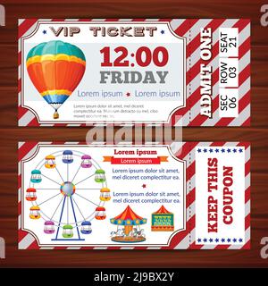 Billets pour le parc d'attractions avec substrat blanc rouge et attractions colorées illustration vectorielle isolée sur fond de bois Illustration de Vecteur