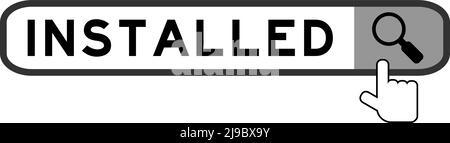 Rechercher la bannière dans le mot installé avec la main sur l'icône de loupe sur fond blanc Illustration de Vecteur