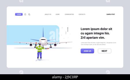 le superviseur du marshaler d'aviation de signalisation près de l'avion contrôleur de la circulation aérienne employé de compagnie aérienne dans le signal est le personnel professionnel de l'aéroport Illustration de Vecteur