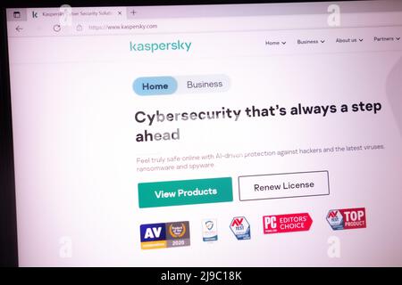 KONSKIE, POLOGNE - 21 mai 2022: www.kaspersky.com site affiché sur l'écran de l'ordinateur portable. Kaspersky Lab est une multinationale russe de cybersécurité et anti- Banque D'Images