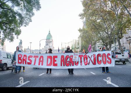 Buenos Aires, Argentine; 21 mai 2022: Protestation environnementale, les gens marchent contre l'utilisation de pesticides agricoles polluants malsains holding a Banque D'Images