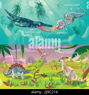 Bêtes jurassique bannières horizontales avec la vie sous-marine et dinosaures dedans illustration de vecteur isolé de climat tropical Illustration de Vecteur