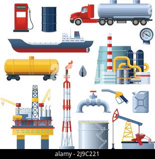 Ensemble d'icônes décoratives isolées de l'industrie pétrolière avec des véhicules de transport et images du module usine sur une illustration vectorielle d'arrière-plan vierge Illustration de Vecteur