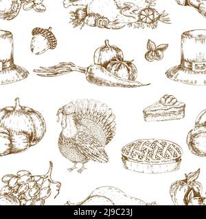 Motif sans couture dessiné à la main le jour de Thanksgiving avec chapeau de dinde et illustration vectorielle de la tarte à la citrouille et des légumes acorn Illustration de Vecteur