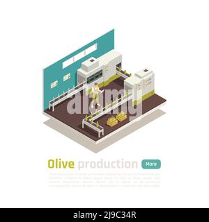 Production d'olives composition isométrique avec opérateur de convoyeur d'embouteillage illustration vectorielle de la vérification des boîtes de transport prêtes à l'emploi Illustration de Vecteur