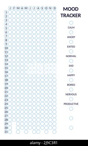 Année en pixels, modèle de suivi d'humeur en cercles. Journal d'habitude vierge pour le journal à puces. Orientation verticale du planificateur mensuel. Illustration de Vecteur