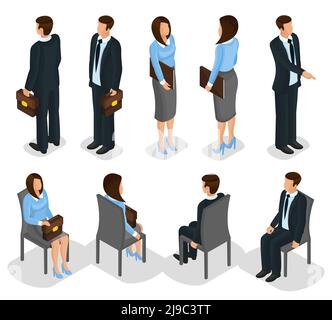 Personnes isométriques d'affaires avec hommes en costume et femmes dans des vêtements formels debout et assis sur des chaises vecteur isolé illustration Illustration de Vecteur