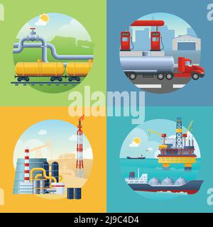 Composition carrée avec symboles de l'industrie pétrolière dans un décor en forme de cercle illustration vectorielle des icônes de véhicules de transport de carburant et Illustration de Vecteur