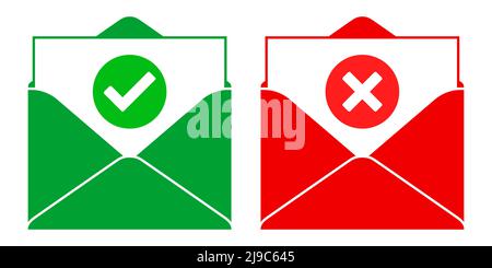 Icônes de vecteur de concept de courrier positif et négatif, avec une coche verte et des signes X rouges, isolées sur fond blanc. Enveloppes de style plat vert et rouge avec messages terminé et erreur. Illustration de Vecteur