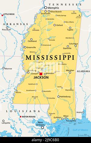 Mississippi, MS, carte politique, avec la capitale Jackson, villes importantes, rivières et lacs. Dans la région sud-est des États-Unis. Banque D'Images