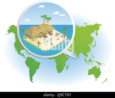 Modèle de vacances d'été isométrique avec vue agrandie sur la plage tropicale illustration vectorielle sur la carte du monde Illustration de Vecteur