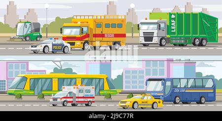 Banderoles horizontales de transport urbain avec taxi de police ambulance voitures Sweeper illustration vectorielle des camions de récupération et d'ordures de bus Illustration de Vecteur