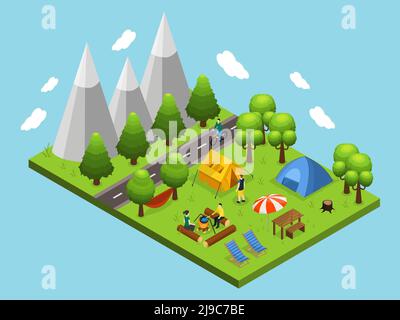 Concept de camping d'été isométrique avec des gens relaxants arbres verts montagnes illustration vectorielle isolée des éléments de cuisine et de loisirs en extérieur Illustration de Vecteur