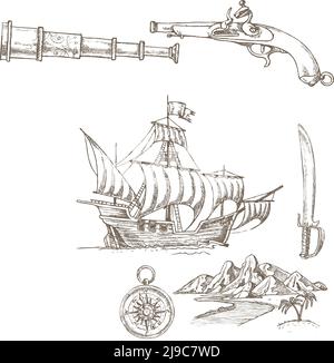 Ensemble d'éléments de pirate dessinés à la main avec coffre de Trésor de voilier et l'illustration vectorielle isolée du drapeau jolly roger Illustration de Vecteur
